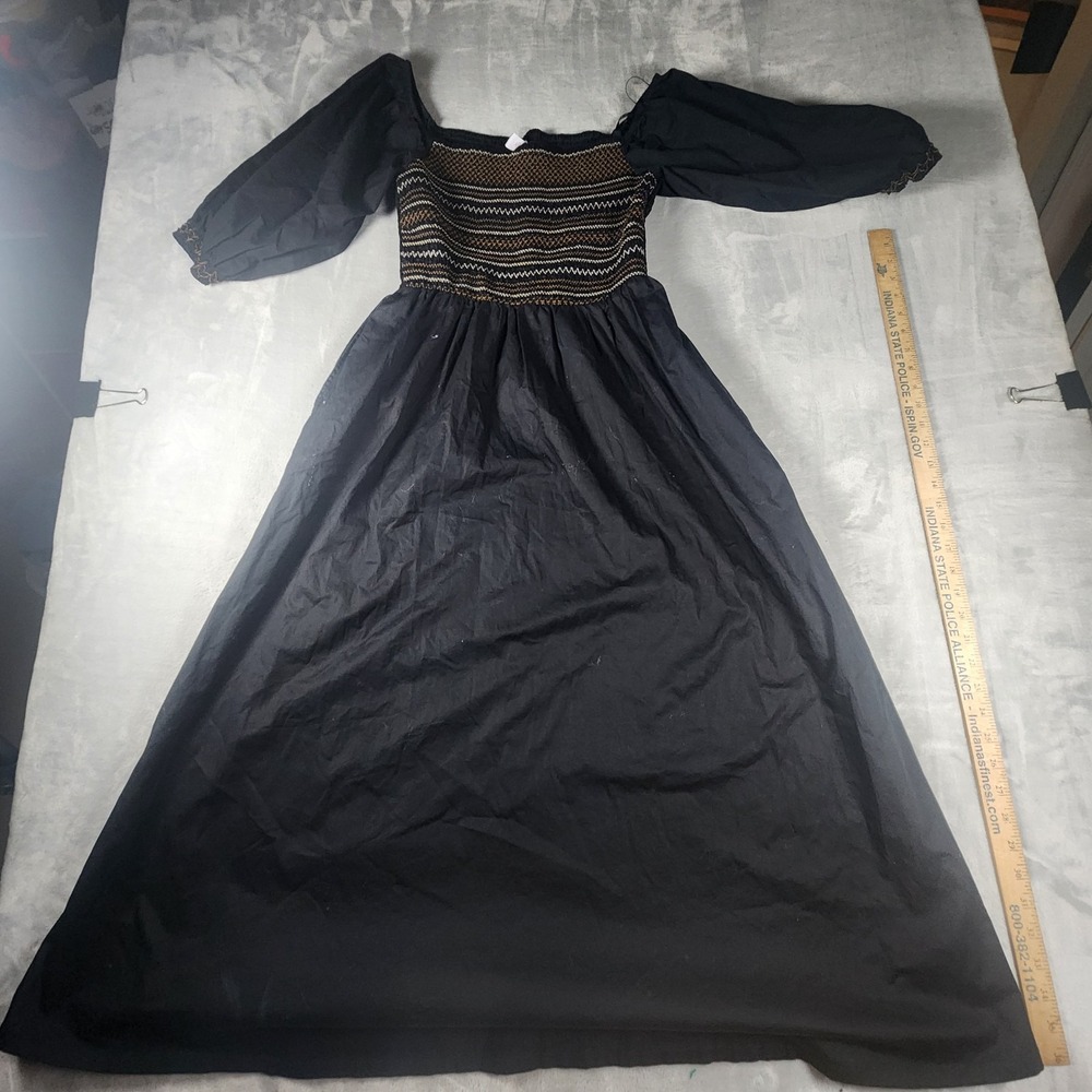 Old Navy Black Smocked Midi Dress M Cottagecore Peasant Puff Sleeve Square Neck